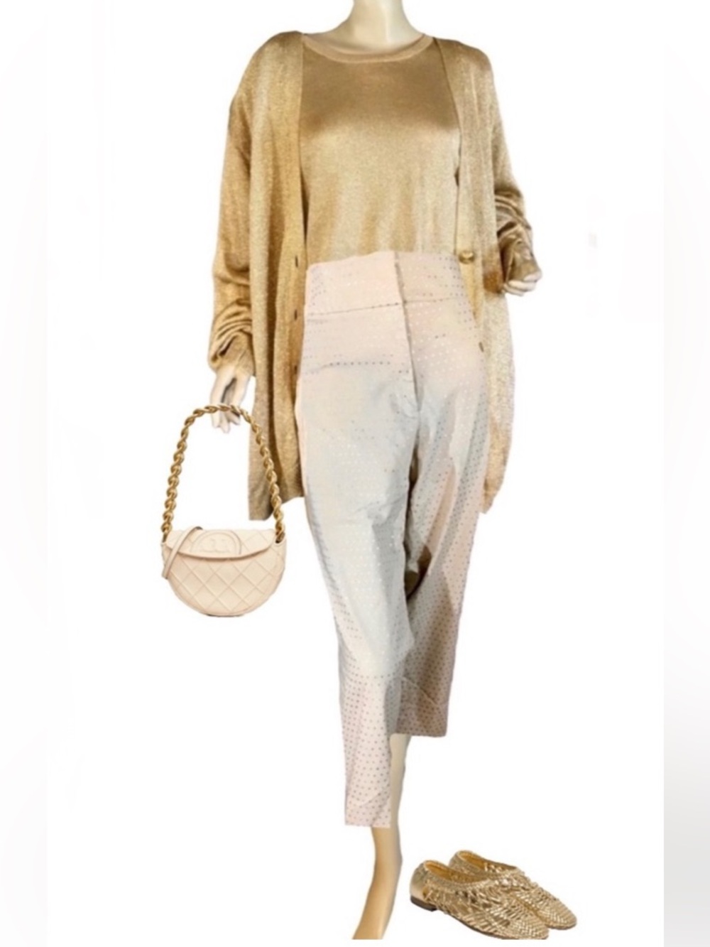 LANE BRYANT CREAM & GOLD CROPPED POLKA DOT PANTS (26W)